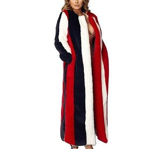 Fashion Cruella Deville Multi-color Stripe Long Faux Fur Coat